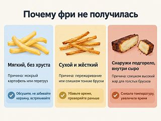 Схема трёх неудач фри: мягкий без хруста, сухой и жёсткий, подгоревший с сырой серединой — причины и что менять