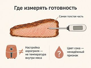 Схема: щуп термометра введён в центр самой толстой части стейка; настройка аэрогриля и цвет сока — не замена