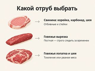 Схема выбора отруба: свинина для отбивных и стейков, постная говяжья вырезка, лопатка и шея для томления