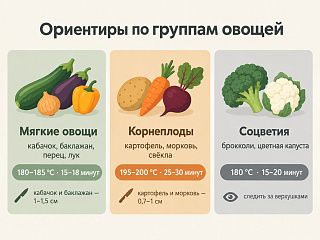 Схема трёх групп овощей: мягкие, корнеплоды и соцветия — температура, время и толщина нарезки