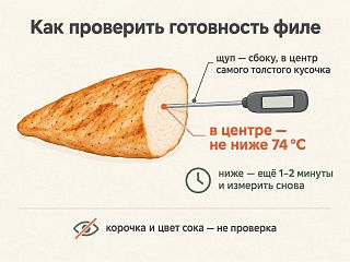 Схема: щуп вводят сбоку в центр самого толстого кусочка филе, в центре должно быть не ниже 74 °C