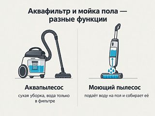 Схема различий: аквапылесос для сухой уборки и моющий пылесос, который подаёт воду на пол и собирает её