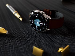 Классические смарт-часы CaseGuru с бордовым ремешком рядом с перьевой ручкой и запонками