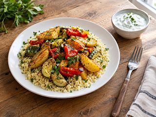 Запечённые овощи с кускусом на белой тарелке, рядом соус из йогурта и вилка