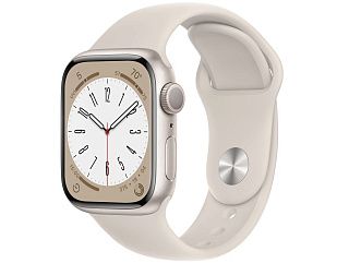 Apple Watch в бежевом алюминии со светлым спортивным ремешком и белым циферблатом