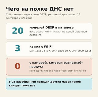 Инфографика: из 20 аэрогрилей DEXP Wi-Fi есть у трёх, а камеры с распознаванием продукта нет ни у одной