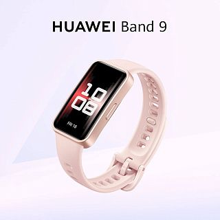 Huawei Band 9 с розовым ремешком, на узком экране время 10:08 и день недели