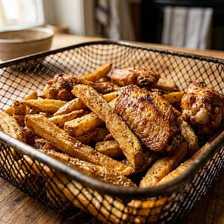 Хрустящая картошка и куриные крылышки из аэрогриля без масла