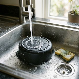 Мытьё керамической чаши аэрогриля мягкой губкой