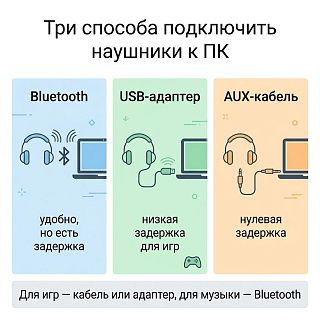 Инфографика: три способа подключить наушники к ПК