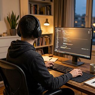 Наушники на голове во время работы за ПК