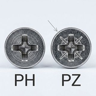 Отличие PH от PZ крупным планом: у левой шляпки только крест, у правой Pozidriv между лучами добавлены насечки под 45 градусов