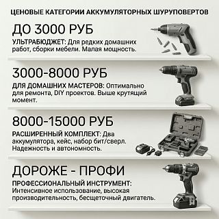 Инфографика ценовых полок бюджетных шуруповёртов от 3000 до 15000 рублей