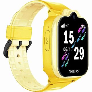 Жёлтые часы Philips с камерой и кнопкой SIM: на экране 15:29 и значок сети 4G