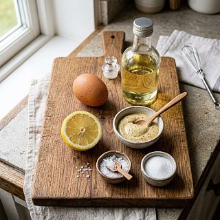 Ингредиенты для домашнего майонеза: яйцо, масло, лимон, горчица