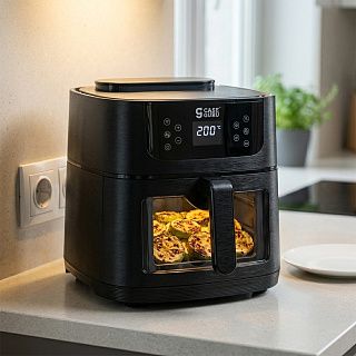 Аэрогриль CaseGuru Жароваров с кабачками в чаше, на дисплее 200 °C