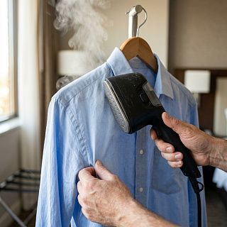 Отпаривание рубашки на плечиках в номере ручным дорожным отпаривателем
