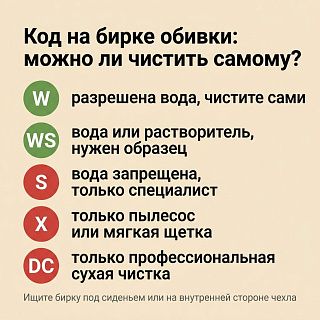Инфографика кодов на ярлыке обивки: W и WS разрешают воду, S, X и DC отправляют диван к мастеру