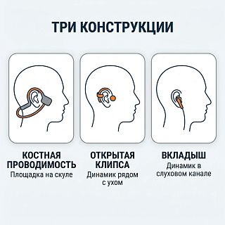 Три конструкции наушников в сравнении: костная проводимость, открытая клипса и вкладыш в канале