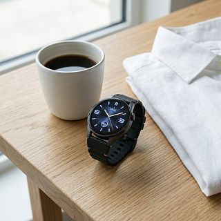 Смарт-часы CGWatch Round 2 круглым корпусом на столе рядом с чашкой кофе, компактный диаметр 37 мм