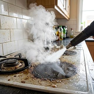 Пар очищает кухонную плиту и фартук