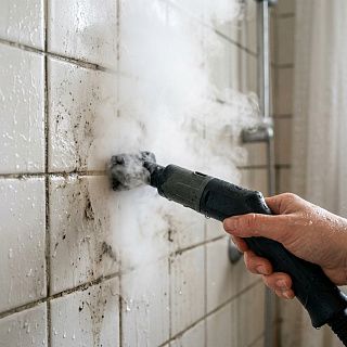 Пароочиститель обрабатывает паром швы плитки в ванной