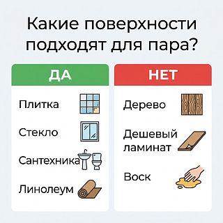 Каким поверхностям пар подходит, а каким нельзя — инфографика