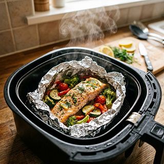 Продукты в фольге в корзине аэрогриля