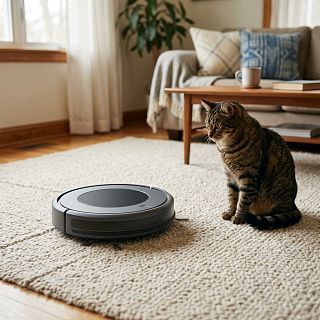Робот-пылесос убирает ковёр рядом с котом