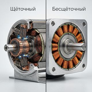 Сравнение щёточного и бесщёточного мотора шуруповёрта — инфографика в разрезе