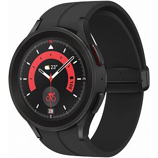 Samsung Galaxy Watch 5 Pro в чёрном корпусе, на циферблате компас и 23 градуса