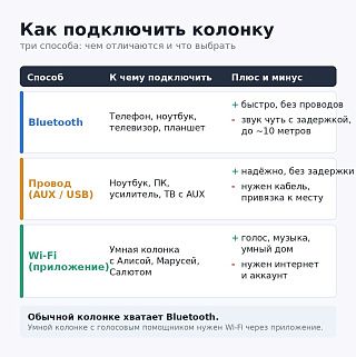 Инфографика: сравнение способов подключения колонки к телефону, ПК, ТВ и по Wi-Fi