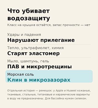 Инфографика: что убивает водозащиту смарт-часов — горячая вода, ПАВ, удары, ультрафиолет и соль