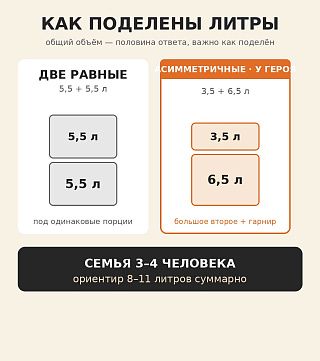 Инфографика распределения объёма: равные камеры 5,5+5,5 л против асимметричных 3,5+6,5 л у героя, для семьи 8–11 л