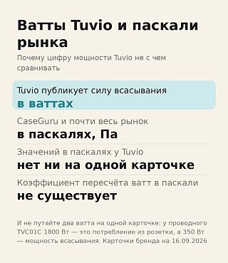 Инфографика: Tuvio указывает всасывание в ваттах, рынок — в паскалях, пересчёта между ними нет