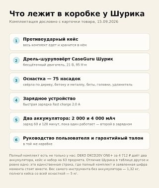 Комплектация Шурика: кейс, инструмент, 75 насадок, зарядное и два аккумулятора на 2 000 и 4 000 мАч
