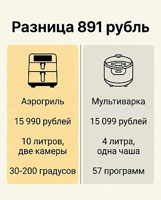 Инфографика: аэрогриль 15 990 ₽ за 10 литров в двух камерах против мультиварки 15 099 ₽ за 4 литра — разница 891 рубль