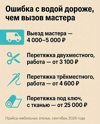 Инфографика: выезд мастера 4 000–5 000 ₽ против перетяжки дивана под ключ от 25 000 ₽