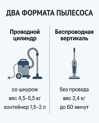 Инфографика двух форматов: проводной цилиндр — шнур, вес 4,5–5,5 кг, контейнер 1,5–2 л; беспроводная вертикаль — без провода, 2,4 кг, до 60 минут