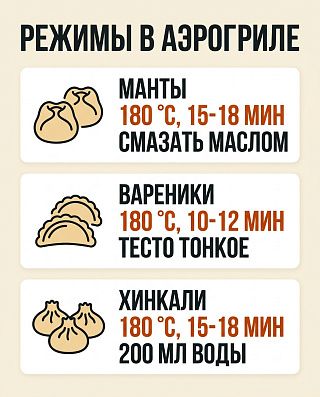 Таблица режимов для аэрогриля: манты, вареники и хинкали — температура и время