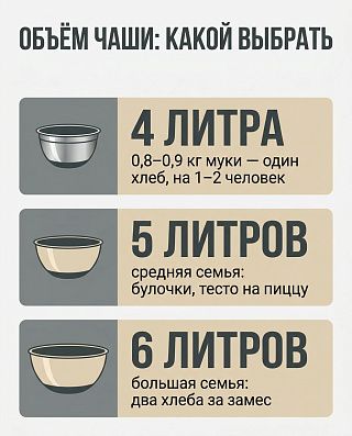 Инфографика: какой объём чаши миксера выбрать — 4, 5 или 6 литров под порцию муки