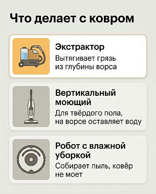 Схема трёх приборов: экстрактор, вертикальный моющий и робот — что каждый делает с ковром