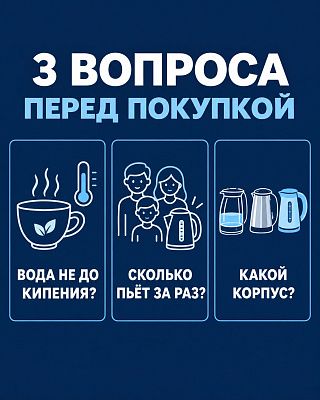 Инфографика: три вопроса перед покупкой чайника — вода не до кипения, сколько пьют, какой корпус