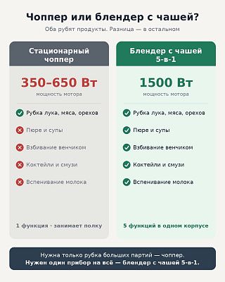 Сравнение: стационарный чоппер 350–650 Вт только рубит, блендер с чашей 5-в-1 на 1500 Вт рубит, делает пюре, взбивает и коктейли