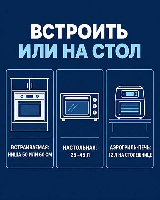 Инфографика: встраиваемая духовка ставится в нишу 50 или 60 см, настольная берёт 25–45 литров, аэрогриль-печь 12 литров