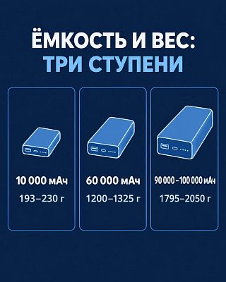 Инфографика: повербанки на 10 000 мАч весят 193–230 г, на 60 000 мАч 1200–1325 г, на 100 000 мАч до 2050 г