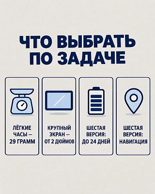 Инфографика: четыре порога выбора часов — вес 29 граммов, экран от 2 дюймов, 24 дня у шестой версии