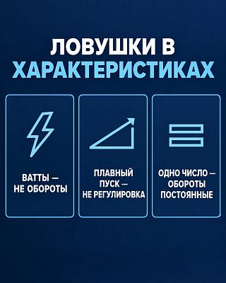 Инфограмма: ватты не равны оборотам, плавный пуск не регулировка, одно число в диапазоне значит постоянные обороты