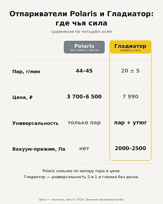 Инфографика: Polaris сильнее по пару и цене, Гладиатор — по универсальности и вакуум-прижиму