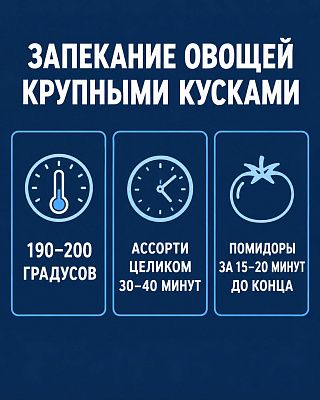 Инфографика: при 190–200 градусах ассорти из крупных кусков готовится 30–40 минут, помидоры добавляют позже